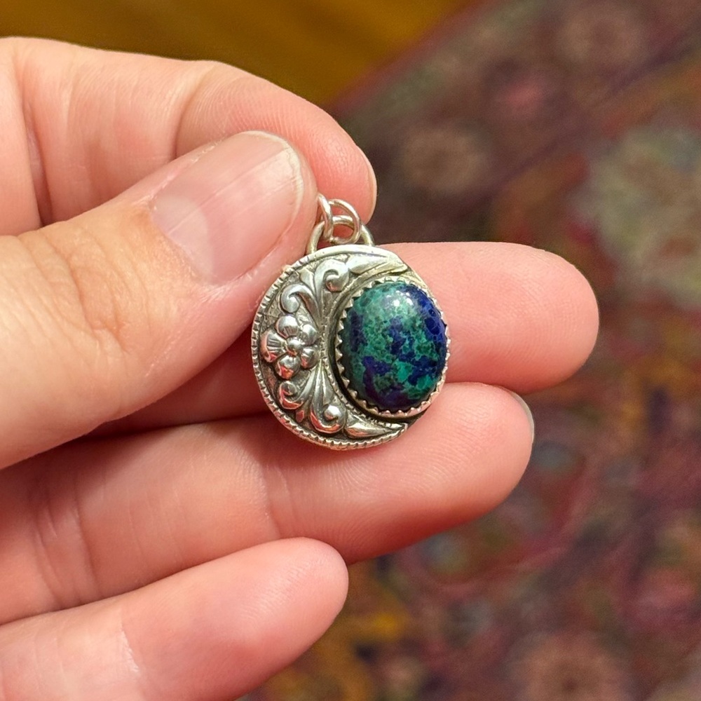 Sterling Silver Crescent moon Malachite Azurite Pendant